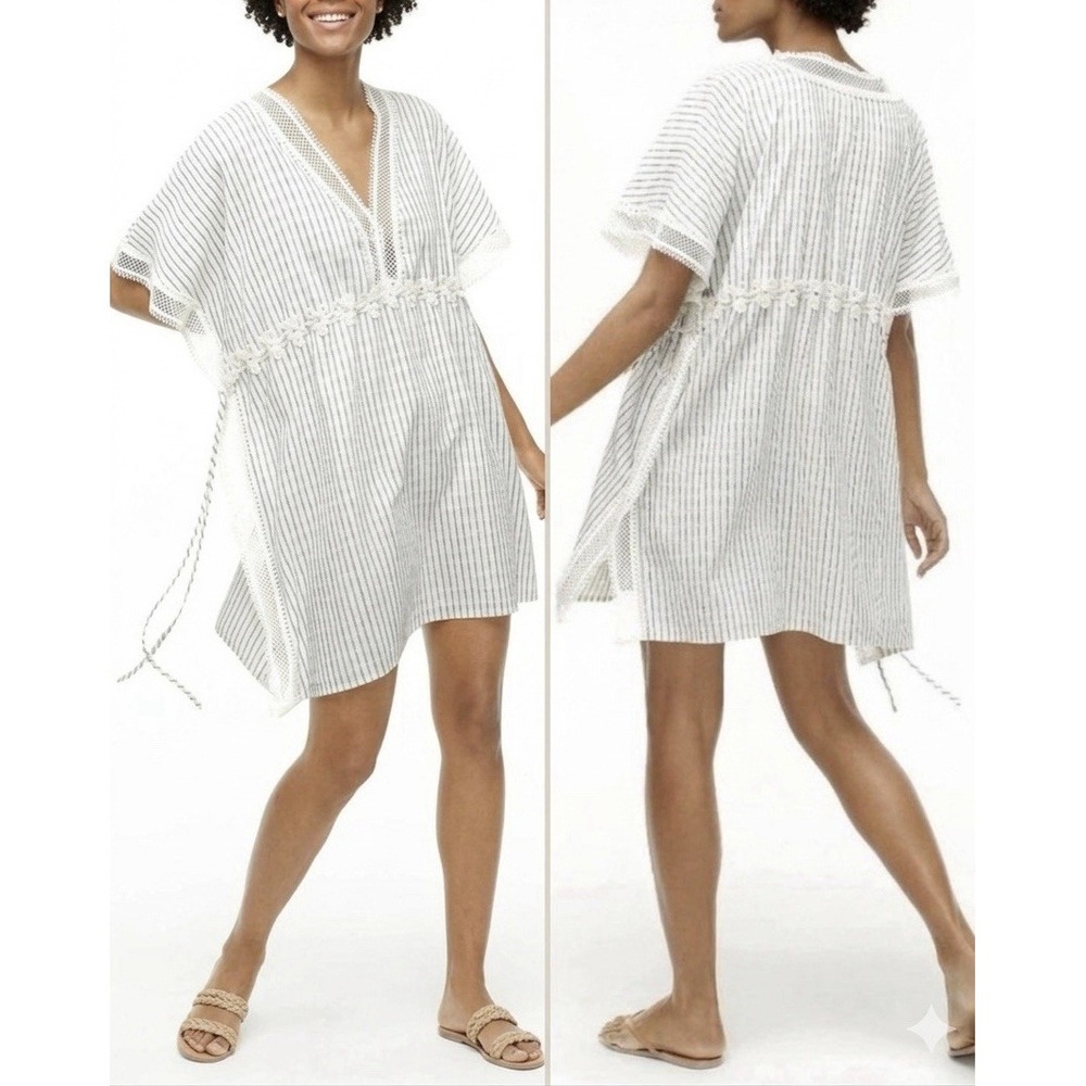 J. Crew Beachwear Size M/L Crochet Lace Trim Tunic Cover-Up Kaftan Boho Cottage